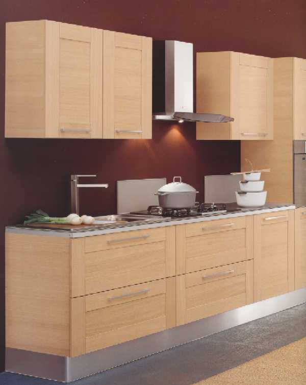 Cucina moderna in stile minimalista realizzabile in diverse soluzioni modulari con la possibilit di comporre insieme le diverse tipologie di antine, tutte disponibili nelle finiture rovere sbiancato, laccato lucido e laccato opaco.